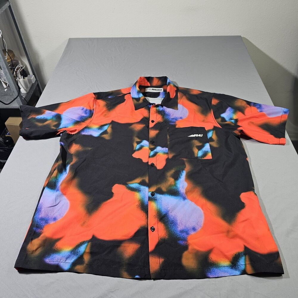 ZARA x RHUIGI RHU Shirt Multicolor Abstract Print Button Up Short Sleeve Size L